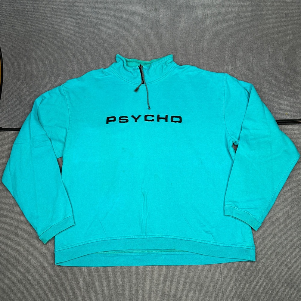 Vintage Psycho Quarter Zip Sweatshirt Teal Turquoise Embroidered Logo XL